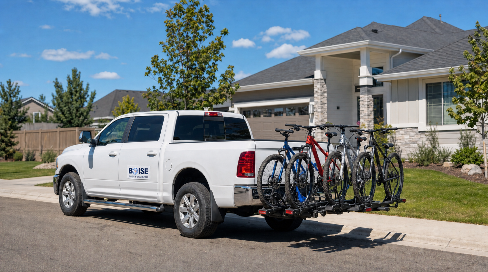 A white pickup truck with a Boise Bike and E-Bike Repair door magnet and four bicycles on a rear rack in front of a Treasure Valley home