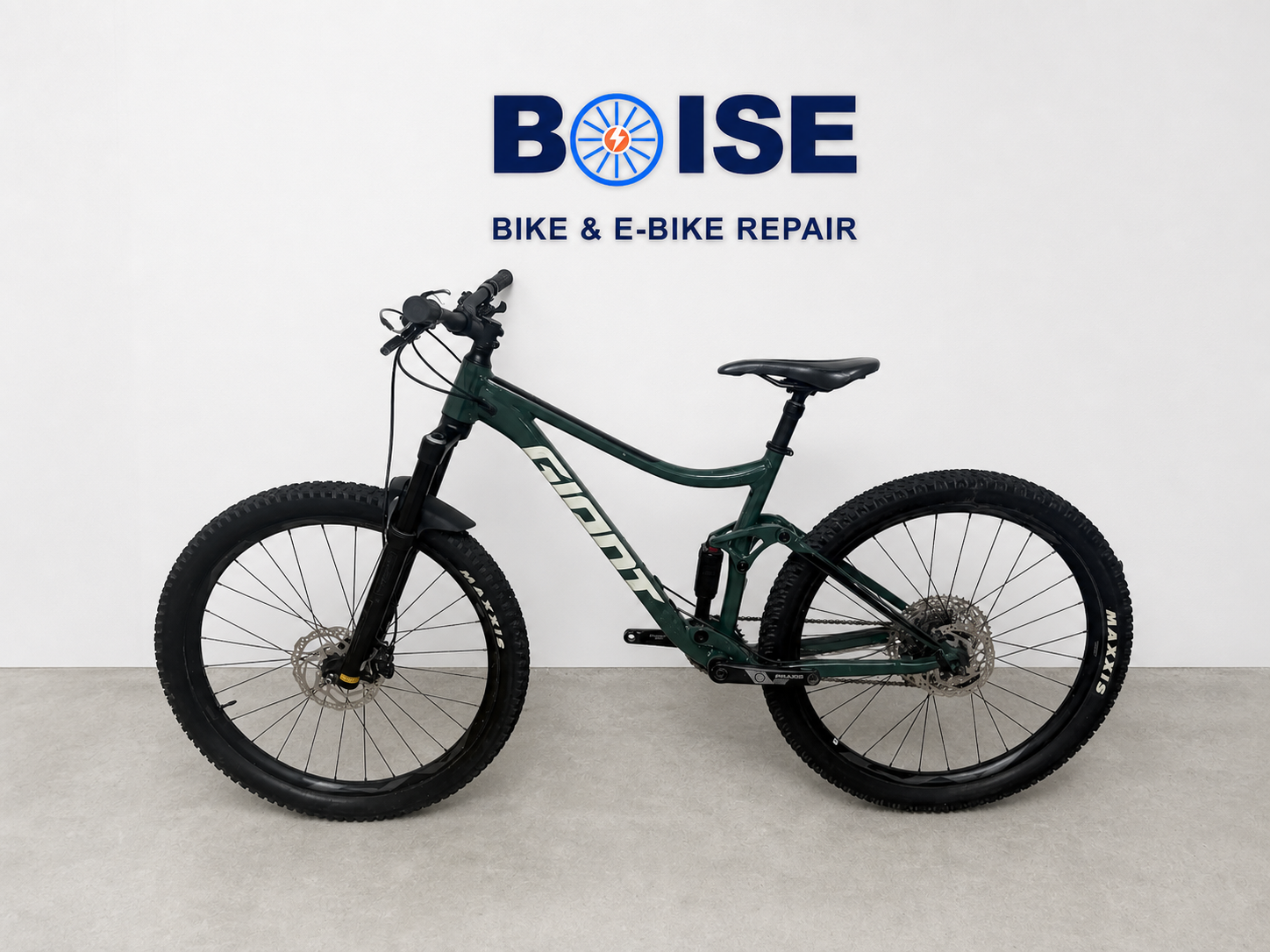 Giant mountain bike after service in the Boise E-Bike and Bicycle Repair workshop