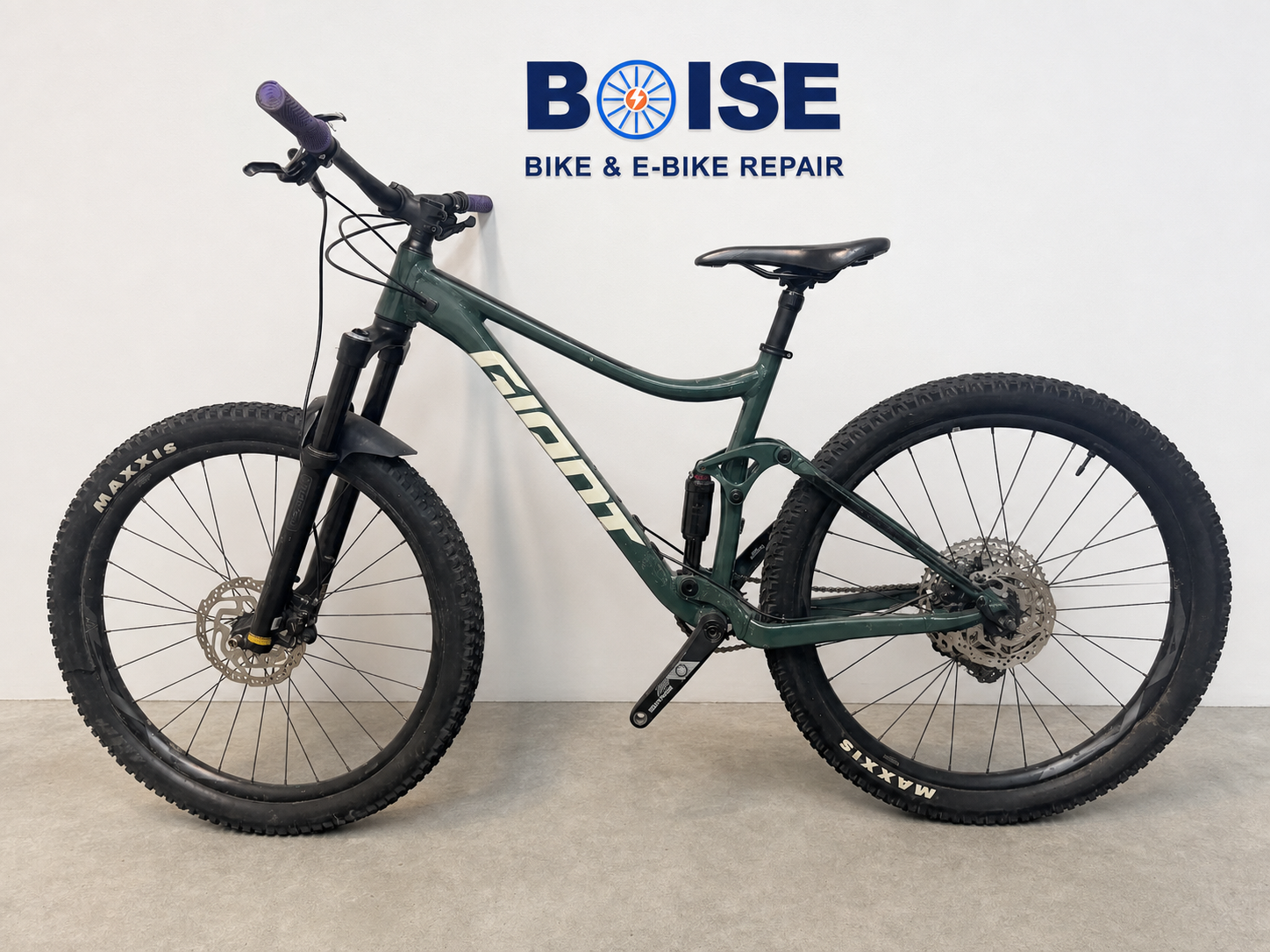 Giant mountain bike before service in the Boise E-Bike and Bicycle Repair workshop