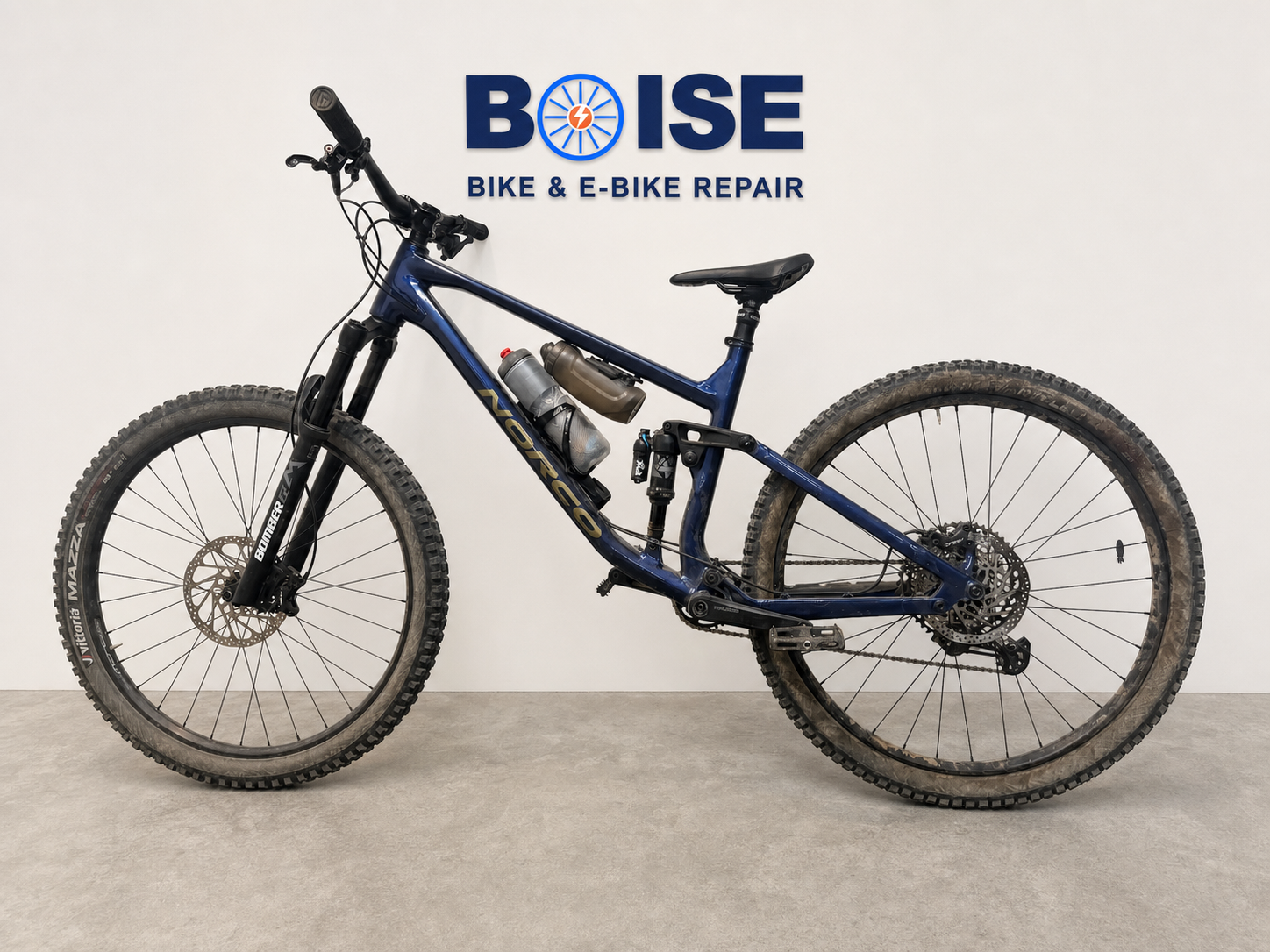 Norco mountain bike before service in the Boise E-Bike and Bicycle Repair workshop